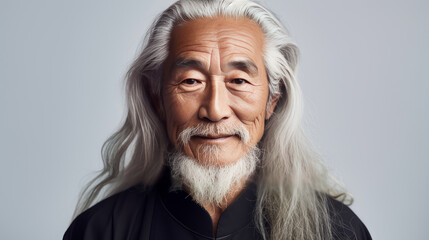Portrait of an elderly handsome Asian senior man old with gray long hair, on a white background, banner.