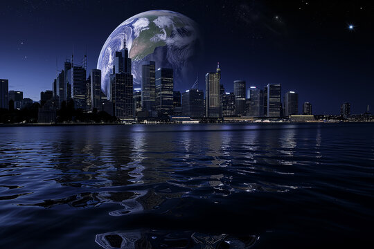 Night city skyline with big planet of Earth 
