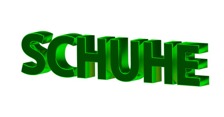 Schuhe - grüne plakative 3D-Schrift, , Schuhgeschäft, Trend, Mode, Sneaker, Stiefel, Sandalen, Sportschuhe, Freisteller, Rendering
