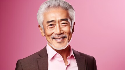 Elegant smiling elderly Asian man with gray hair, on a pink background, banner, copy space, portrait.
