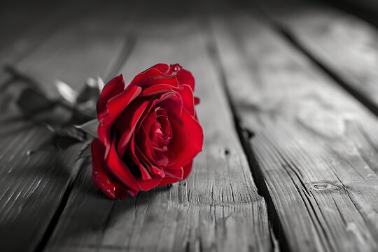 beautiful red rose on a rustic wooden table in black and white