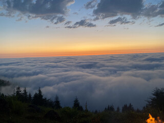 sunset above the clouds. Sunset and cloud view from the top of a high mountain. Kackar Mountains, Rize, Turkey