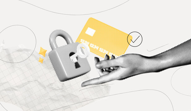 Trendy Halftone Collage Hand with Credit card and Padlock with Key. Data is securely protected. Online payment concept. Keeping money safe. Vector contemporary art