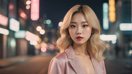 Fototapeta premium portrait of a beautiful blonde korean woman in her mid20s, glamour street