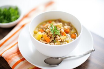 hearty vegetable barley soup in a white bowl