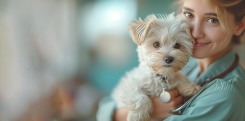 Banner of doctor portrait and a small white dog, puppy in the hands of a veterinarian in blue suit. Caring for animals. Concept for International Veterinarian Day