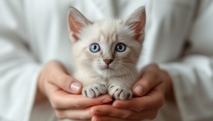 A small white kitten in the hands of a veterinarian, doctor in a white suit is in the background. Caring for animals. Concept for International Veterinarian Day