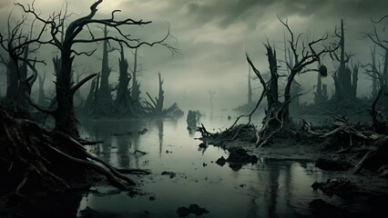 Withered trees crowding around a desolate lake the lingering fog creating a chilling atmosphere of dread.
