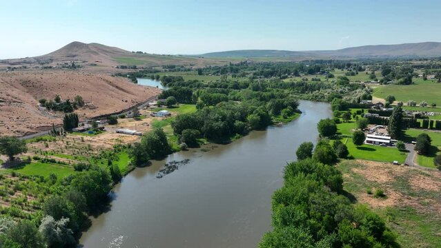 Drone shot of the Yakima River running through Benton City, in Washinton.