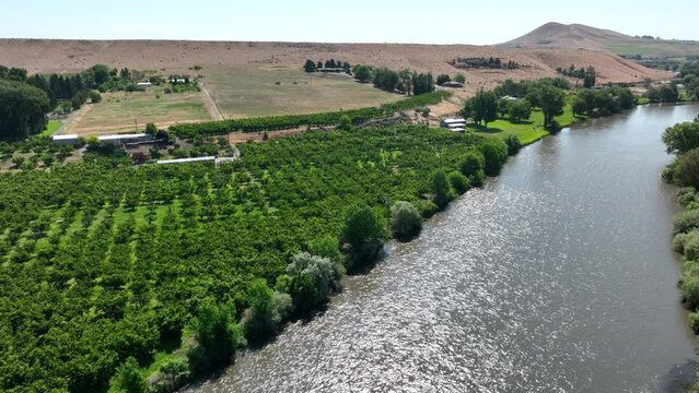 Aerial view of the Yakima River cutting through Washington's rural farmland.
