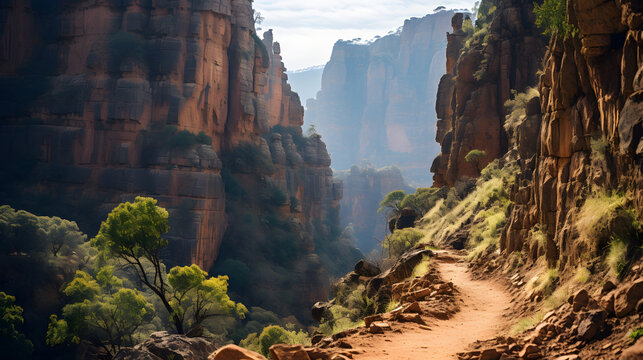 A canyon path, with towering cliffs as the background, during an adventurous midday hike