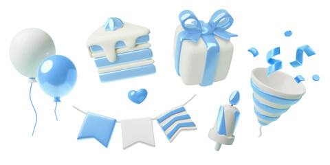 3D boy's birthday blue decorations collection. Realistic three dimensional baby shower icons. Balloons, gift box, piece of cake, candle, flags bunting and party popper with confetti.