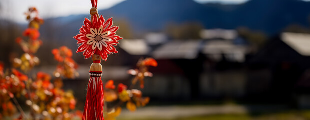 Traditional Martisor knot decoration in red and white, symbolizing good luck and prosperity, against a blurred natural backdrop