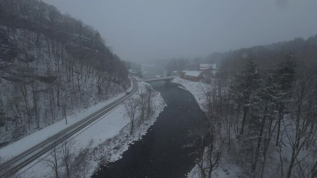 Rosendale, New York, on a snowy, beautiful winter day, during a nor'easter, as seen from the high trestle bridge,  over the Rondout Creek, on the Wallkill Valley rail trail far above the village