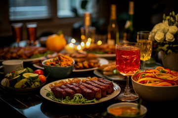 Fototapeta na wymiar A festive dinner table set with diverse dishes, glowing candles, and glasses of wine, potentially portraying a warm holiday gathering atmosphere of Persian New Year