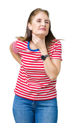 Fototapeta premium Middle age mature woman wearing casual t-shirt over isolated background Touching painful neck, sore throat for flu, clod and infection