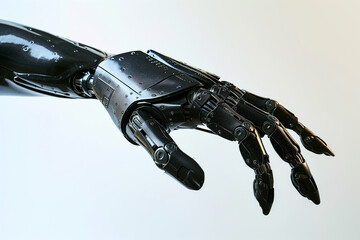 a black bionic prosthetic artificial arm for humans with disabilities suffering from war injuries. Futuristic android cyborg limb on white background