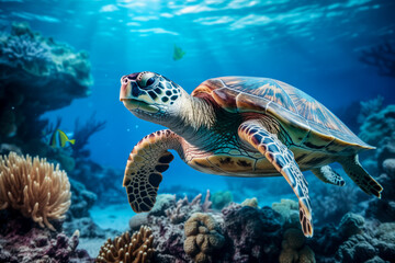 Naklejka na ściany i meble A majestic sea turtle swims gracefully among coral reefs in a clear blue ocean