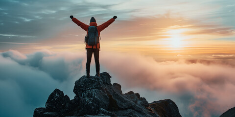 Happy hiker with raised arms on top of the mountain. Positive man celebrating success. Adventurous man on top of the mountain during a vibrant sunset.