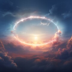 Puffy clouds with a glowing circle in the sky with lights, transparent, translucent Generative Ai
