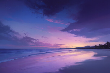 Fototapeta na wymiar vector art of a beach at twilight ,with the sky painted in deep purples and blues, reflecting on the calm water and creating a serene and peaceful scene