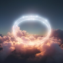 Obraz na płótnie Canvas Puffy clouds with a glowing circle in the sky with lights, transparent, translucent Generative Ai
