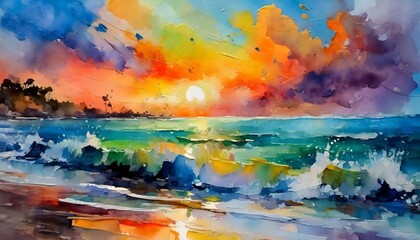 an atmospheric abstract painting that conveys the emotional impact of a sunset over the ocean. Use a subdued yet rich color palette, blending tones of orange and blue to create a tranquil and introspe