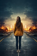 image of a woman from behind looking at the road - obrazy, fototapety, plakaty