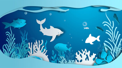 Vector design, marine background with marine flora and fauna cut out of paper