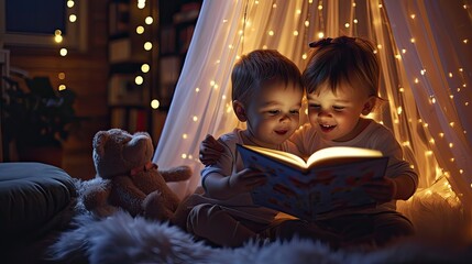 Cute children smiling and reading book in living room at home night lighting. Education learning at home concept.