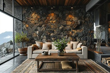 Cozy sofa on wild stone cladding wall background, rustic lounge area interior design.