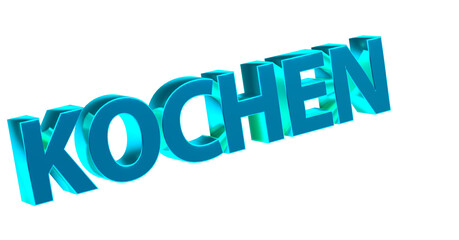 Kochen - hellblaue metallische plakative 3D-Schrift, Kochen, Rezepte, Zubereitung, Lebensmittel, Gerichte, Kochkunst, Genuss, Küche, Rendering, Freisteller, Alphakanal.