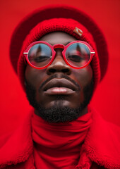 Portrait photograph of a man wearing full red clothing