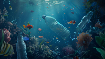 Fototapeta premium plastic bottles float in the ocean with fish and corals, environmental protection concept