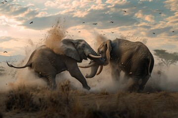  Battle of the titans: two elephants colliding, a massive and powerful collision of gentle giants.