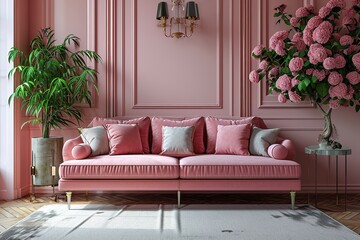 A pink pastel colored sofa in a pink walls living room mock up.