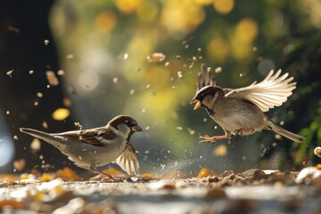 Sparrows squabbling over crumbs in city park, a lively and animated urban scene of feathered disputes.