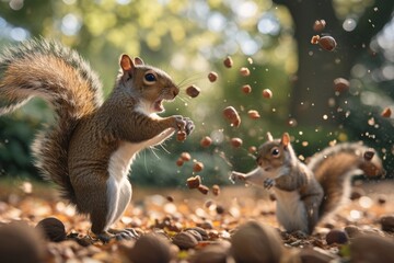 Squirrel skirmish over coveted nut storage locations, a lively and acrobatic scene of furry woodland disputes.