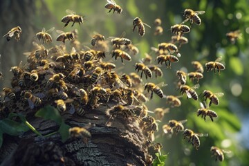 Swarm of bees defending hive against intruders, a coordinated and protective effort of nature's defenders. - obrazy, fototapety, plakaty