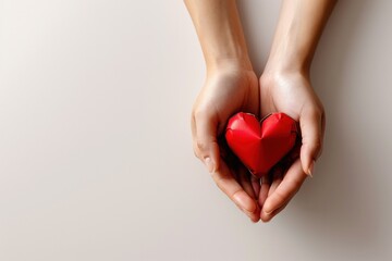 The image features a pair of open hands against a white backdrop, delicately cradling a bright red paper heart