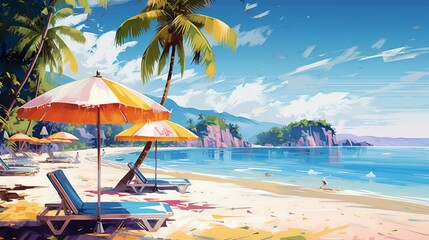 lifelike beach setting, bathed in sunlight, palm trees swaying against a crystal-clear turquoise sea - Generative AI
