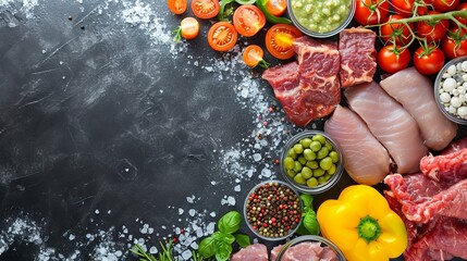 top view background with frozen foods - obrazy, fototapety, plakaty
