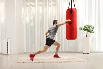 Man punching a boxing bag at home