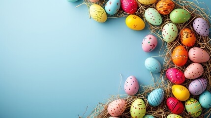 Top down view of an Easter border frame of colorful easter eggs and bird nest with copy space in the middle. Light blue background. - obrazy, fototapety, plakaty