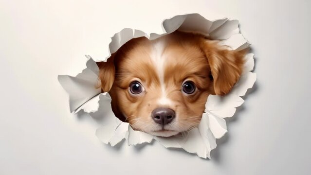 Little cute puppy dog looking through white torn paper hole