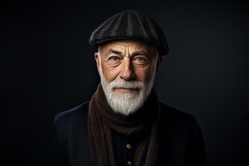 Portrait of an old man with a gray beard in a hat and scarf.