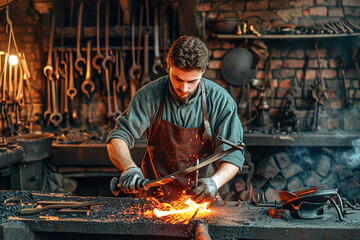 Fototapeta premium A young blacksmith creating metalwork with traditional tools.