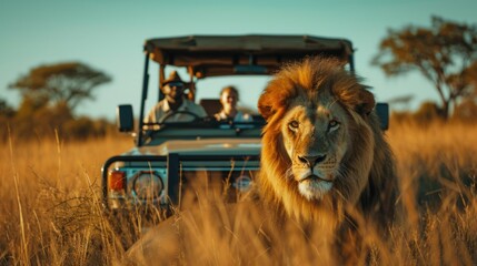 Lion resting in the savannah with a safari car behind him observing