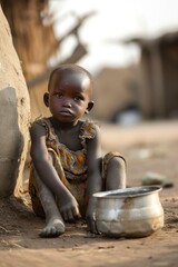 A girl from Africa sitting on the street in her village