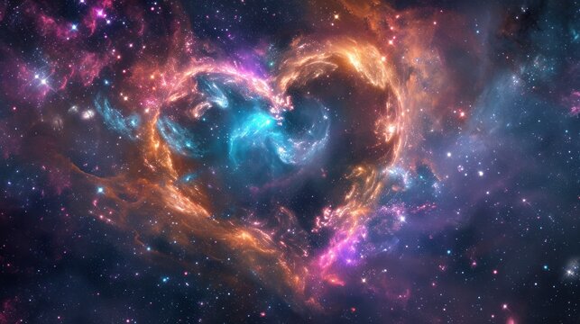 A celestial spectacle with love-themed galaxies arranged in a heart shape, bathed in technology-inspired hues. Сosmic fusion. 